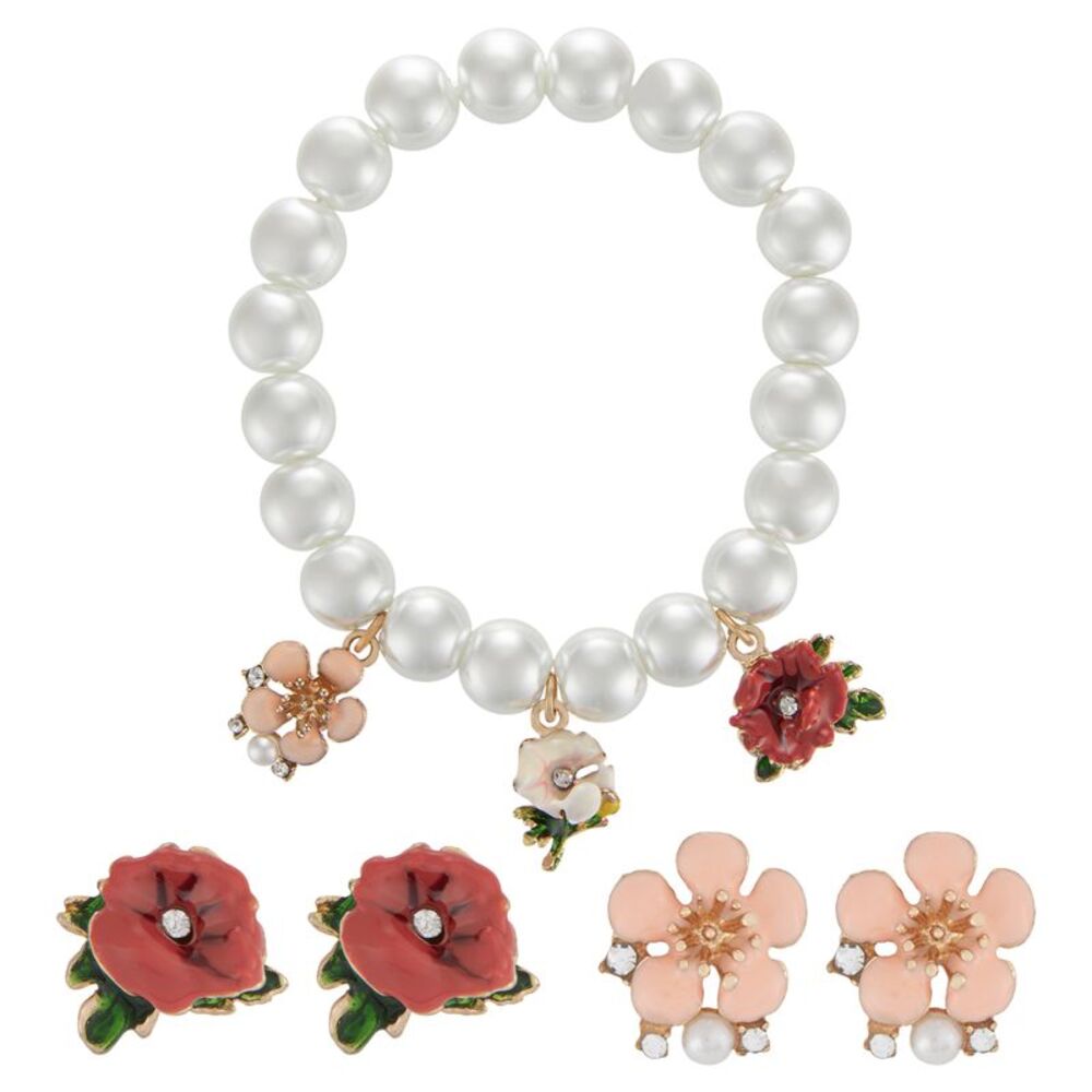 Floral Rose Themed Jewelry Set with Pearl Charm Bracelet and Gold Toned Earrings